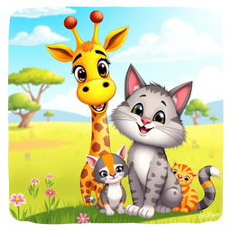 A vibrant cartoon scene featuring a tall, friendly giraffe with big expressive eyes and a cheerful expression, standing next to a cute, fluffy cat with a playful demeanor