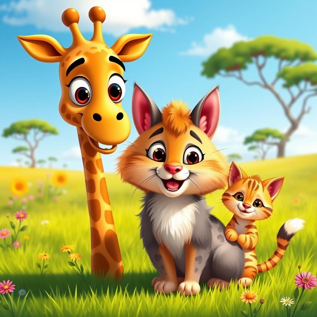 A vibrant cartoon scene featuring a tall, friendly giraffe with big expressive eyes and a cheerful expression, standing next to a cute, fluffy cat with a playful demeanor