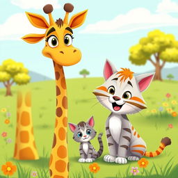 A vibrant cartoon scene featuring a tall, friendly giraffe with big expressive eyes and a cheerful expression, standing next to a cute, fluffy cat with a playful demeanor