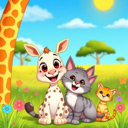 A vibrant cartoon scene featuring a tall, friendly giraffe with big expressive eyes and a cheerful expression, standing next to a cute, fluffy cat with a playful demeanor