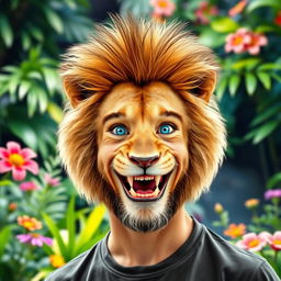 A creative and humorous face swap between a lion and a human