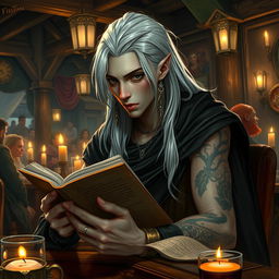 A young Shadar-kai character with long white hair, featuring elegant earrings, is seated in a lively tavern