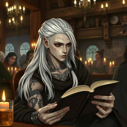 A young Shadar-kai character with long white hair, featuring elegant earrings, is seated in a lively tavern