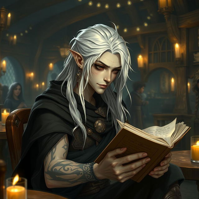 A young Shadar-kai character with long white hair, featuring elegant earrings, is seated in a lively tavern