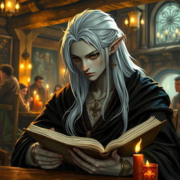 A young Shadar-kai character with long white hair, featuring elegant earrings, is seated in a lively tavern