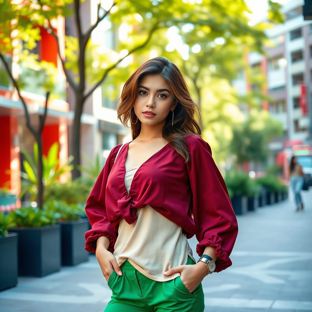 A stylish young woman wearing a maroon blouse, vibrant green pants, and a cream-colored top, striking a confident pose in a lively urban environment
