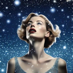 A high-resolution, realistic photograph capturing a surreal scene featuring a woman, presumably Lucy, seemingly floating in a clear, starlit sky adorned with sparkling diamonds