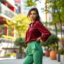 A stylish young woman wearing a maroon blouse, vibrant green pants, and a cream-colored top, striking a confident pose in a lively urban environment