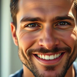 A close-up portrait of a charismatic man with sharp features and a well-groomed beard, smiling warmly