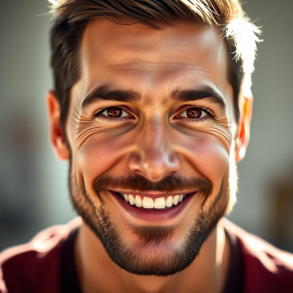 A close-up portrait of a charismatic man with sharp features and a well-groomed beard, smiling warmly