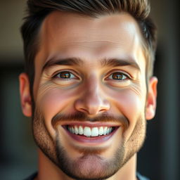 A close-up portrait of a charismatic man with sharp features and a well-groomed beard, smiling warmly