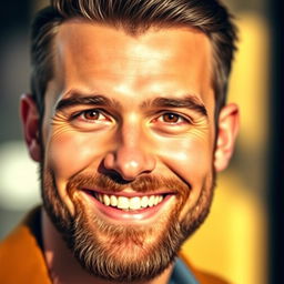 A close-up portrait of a charismatic man with sharp features and a well-groomed beard, smiling warmly
