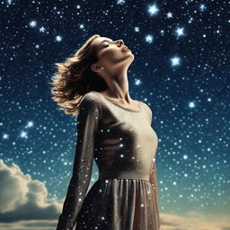 A high-resolution, realistic photograph capturing a surreal scene featuring a woman, presumably Lucy, seemingly floating in a clear, starlit sky adorned with sparkling diamonds