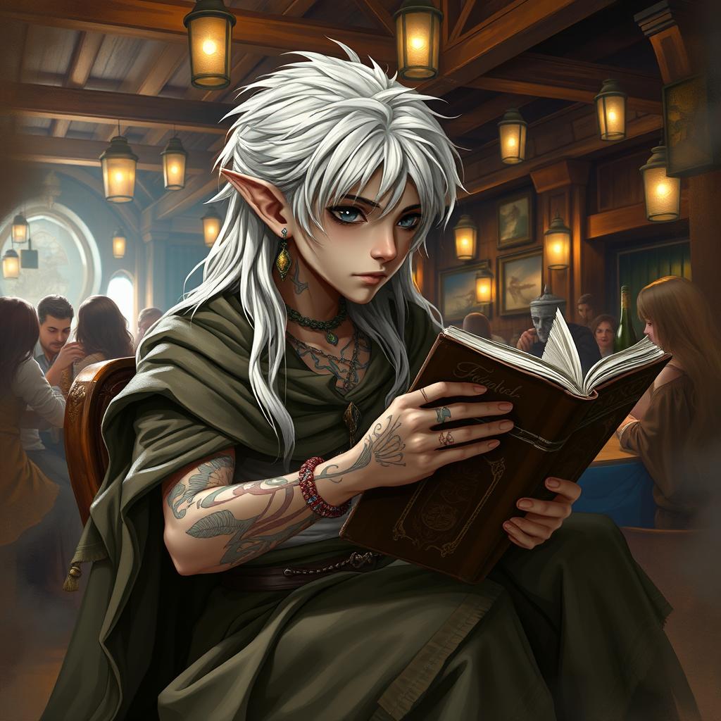 A young Shadar-kai boy with long white hair and dark eyes sits in a vibrant tavern, draped in a flowing cloak that conceals any weapons or armor