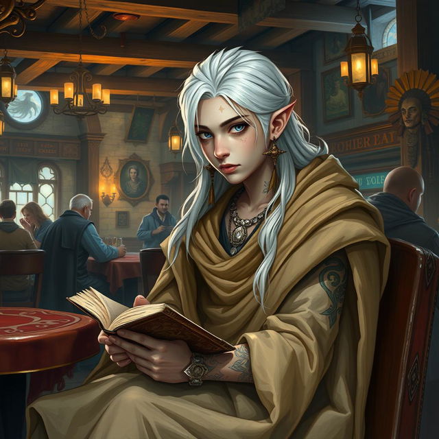 A young Shadar-kai boy with long white hair and dark eyes sits in a vibrant tavern, draped in a flowing cloak that conceals any weapons or armor