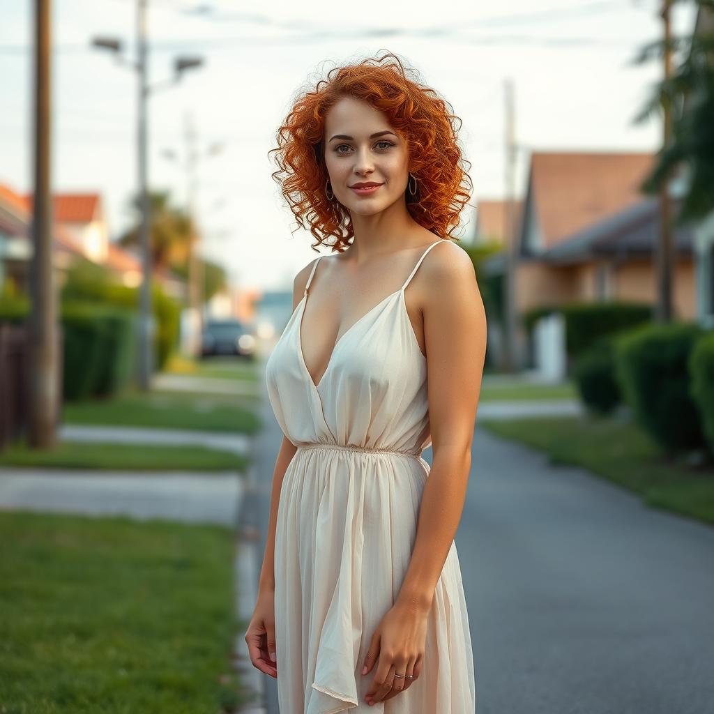 A 30-year-old red-haired woman with curly hair, standing confidently in a quiet neighborhood near an airport