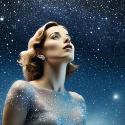 A high-resolution, realistic photograph capturing a surreal scene featuring a woman, presumably Lucy, seemingly floating in a clear, starlit sky adorned with sparkling diamonds