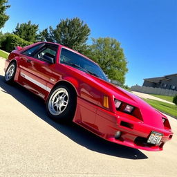 A classic 1986 Saleen Mustang GT, featuring a sleek and muscular design, with a vibrant red paint job and white racing stripes