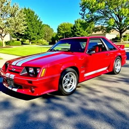 A classic 1986 Saleen Mustang GT, featuring a sleek and muscular design, with a vibrant red paint job and white racing stripes