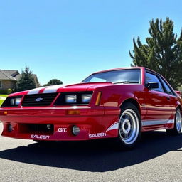 A classic 1986 Saleen Mustang GT, featuring a sleek and muscular design, with a vibrant red paint job and white racing stripes