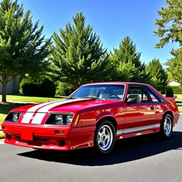 A classic 1986 Saleen Mustang GT, featuring a sleek and muscular design, with a vibrant red paint job and white racing stripes
