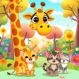 A vibrant and cheerful cartoon scene featuring a tall, friendly giraffe with big, expressive eyes, alongside a cute, playful cat and two adorable kittens