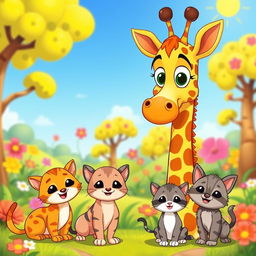 A vibrant and cheerful cartoon scene featuring a tall, friendly giraffe with big, expressive eyes, alongside a cute, playful cat and two adorable kittens