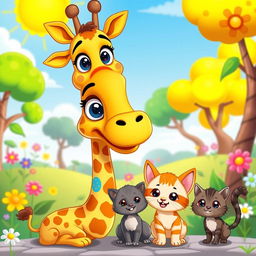 A vibrant and cheerful cartoon scene featuring a tall, friendly giraffe with big, expressive eyes, alongside a cute, playful cat and two adorable kittens