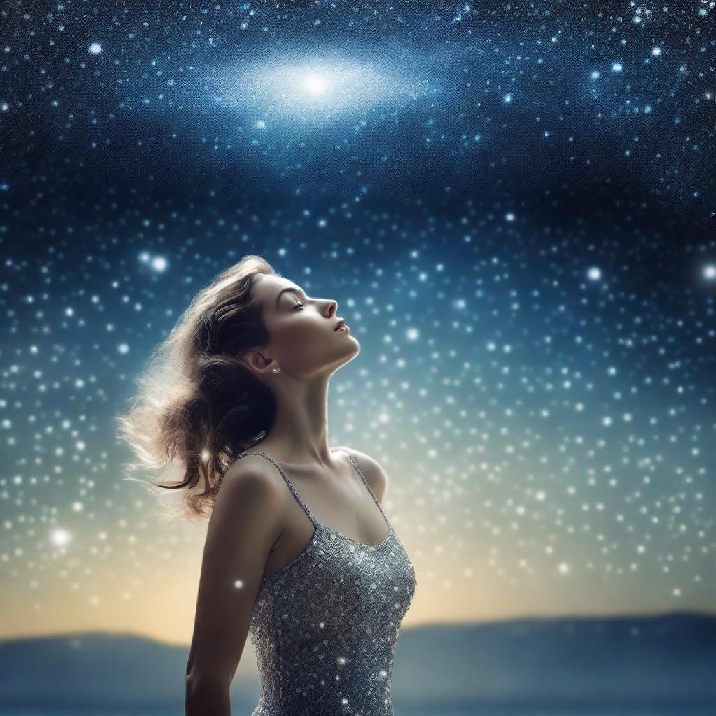 A high-resolution, realistic photograph capturing a surreal scene featuring a woman, presumably Lucy, seemingly floating in a clear, starlit sky adorned with sparkling diamonds