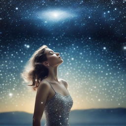 A high-resolution, realistic photograph capturing a surreal scene featuring a woman, presumably Lucy, seemingly floating in a clear, starlit sky adorned with sparkling diamonds