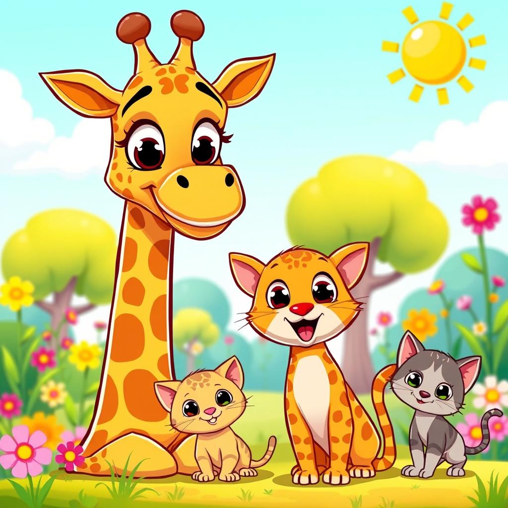 A vibrant and cheerful cartoon scene featuring a tall, friendly giraffe with big, expressive eyes, alongside a cute, playful cat and two adorable kittens