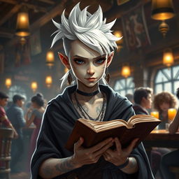 A young Shadar-kai boy with a stylish mullet hairstyle in striking white stands in a bustling tavern