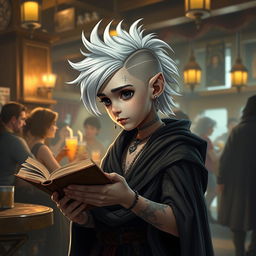 A young Shadar-kai boy with a stylish mullet hairstyle in striking white stands in a bustling tavern