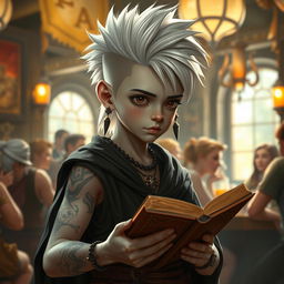 A young Shadar-kai boy with a stylish mullet hairstyle in striking white stands in a bustling tavern