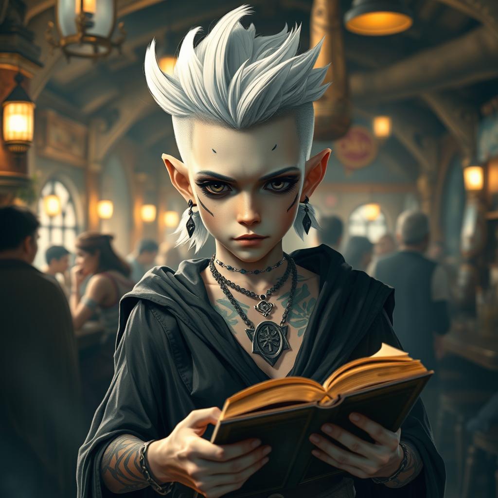 A young Shadar-kai boy with a stylish mullet hairstyle in striking white stands in a bustling tavern