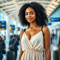 A 30-year-old black-haired woman with beautiful curly hair, standing gracefully in an airport setting