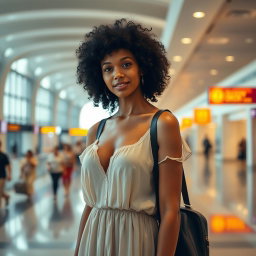 A 30-year-old black-haired woman with beautiful curly hair, standing gracefully in an airport setting