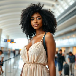 A 30-year-old black-haired woman with beautiful curly hair, standing gracefully in an airport setting