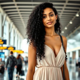 A 30-year-old black-haired woman with beautiful curly hair, standing gracefully in an airport setting
