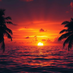 A hyper-realistic close-up of a stunning sunset over a serene ocean, with vibrant orange and purple hues blending in the sky