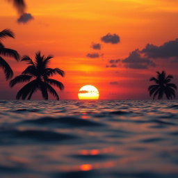 A hyper-realistic close-up of a stunning sunset over a serene ocean, with vibrant orange and purple hues blending in the sky