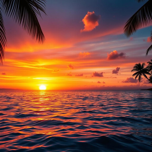 A hyper-realistic close-up of a stunning sunset over a serene ocean, with vibrant orange and purple hues blending in the sky