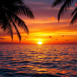 A hyper-realistic close-up of a stunning sunset over a serene ocean, with vibrant orange and purple hues blending in the sky