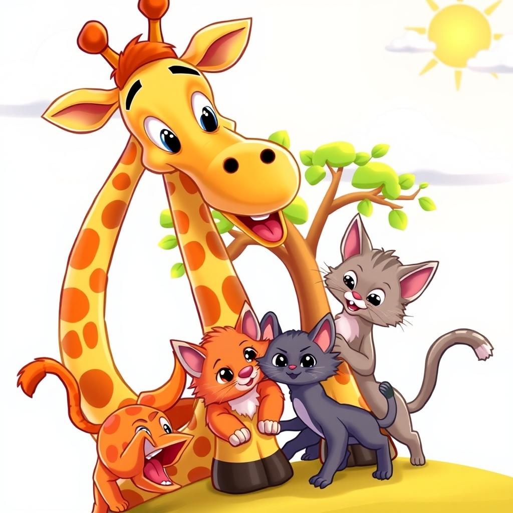 A colorful cartoon scene featuring a cheerful giraffe, a playful cat, and two adorable kittens