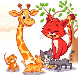 A colorful cartoon scene featuring a cheerful giraffe, a playful cat, and two adorable kittens