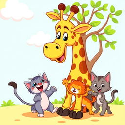 A colorful cartoon scene featuring a cheerful giraffe, a playful cat, and two adorable kittens