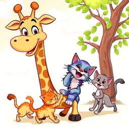 A colorful cartoon scene featuring a cheerful giraffe, a playful cat, and two adorable kittens