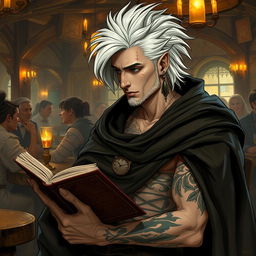 A 30-year-old Shadar-kai man with a stylish white mullet hairstyle, featuring dark eyes and pale skin, sits in a bustling tavern