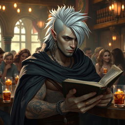 A 30-year-old Shadar-kai man with a stylish white mullet hairstyle, featuring dark eyes and pale skin, sits in a bustling tavern