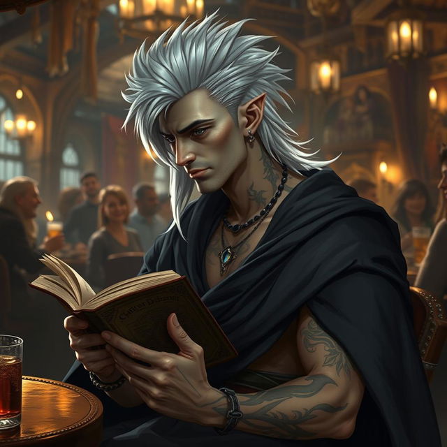 A 30-year-old Shadar-kai man with a stylish white mullet hairstyle, featuring dark eyes and pale skin, sits in a bustling tavern